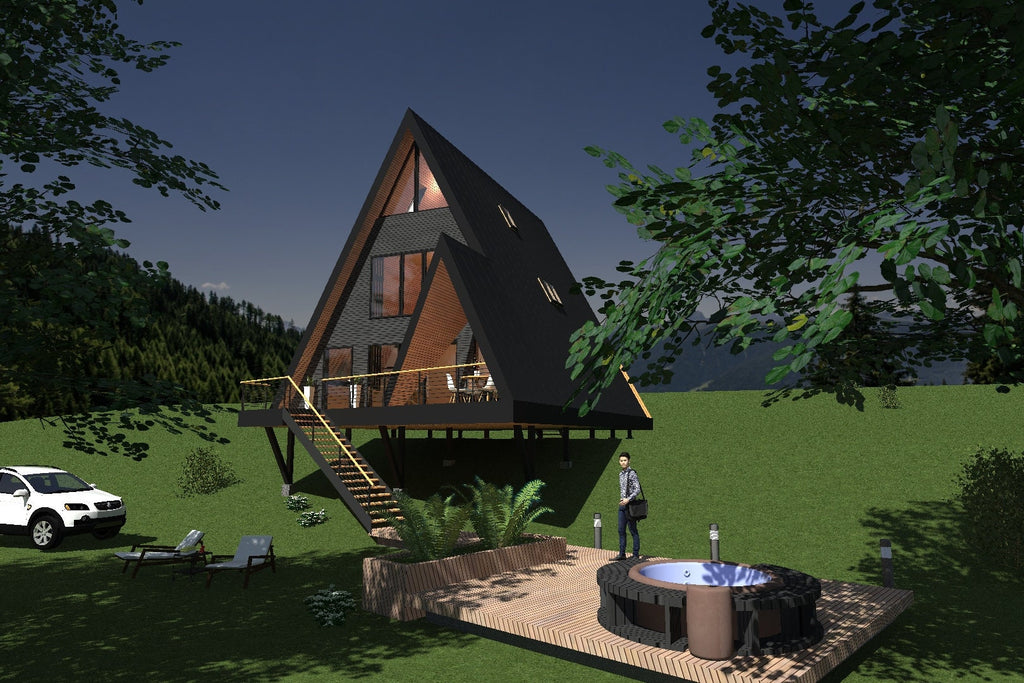 Proiect A Frame – 10x14m - Plan Arhitectura - (4 Dormitoare) (PDF, DWG)