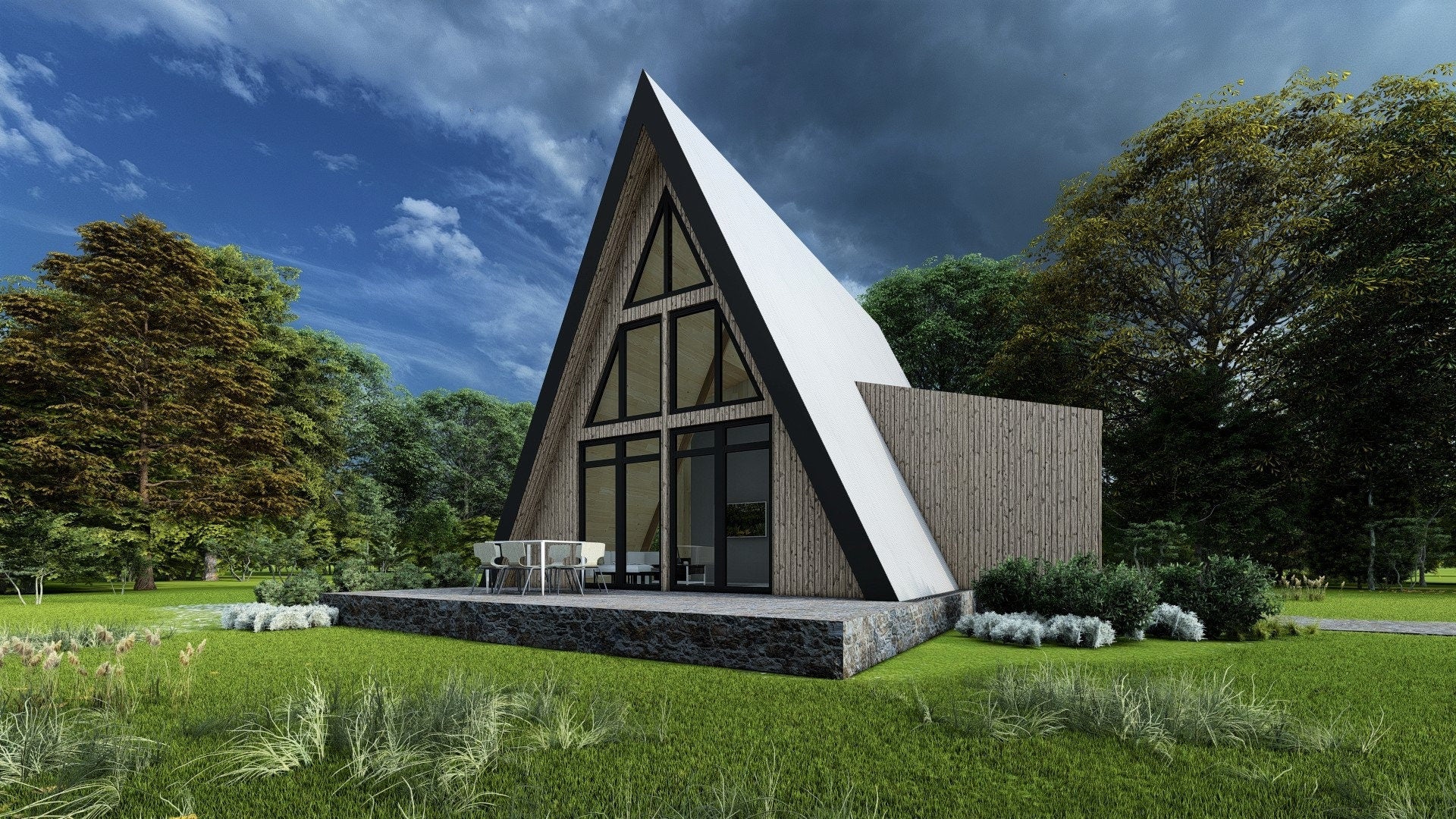 Proiect A Frame- Plan Arhitectura , 2 dormitoare  (PDF & DWG)